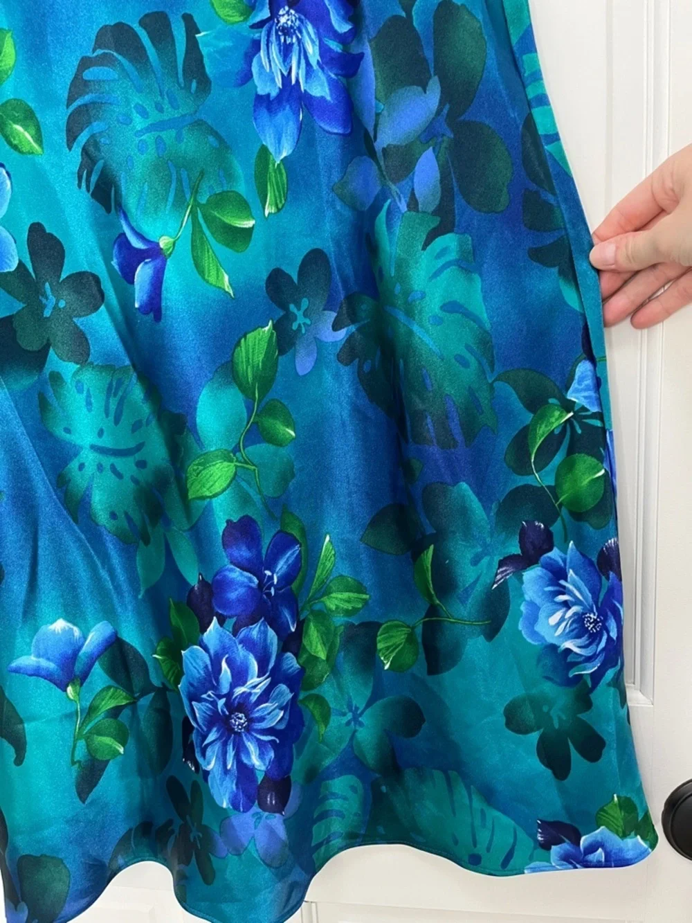 Y2K Tropical Floral & Monstera Leaf Print Satin Slip Dress - Size Large